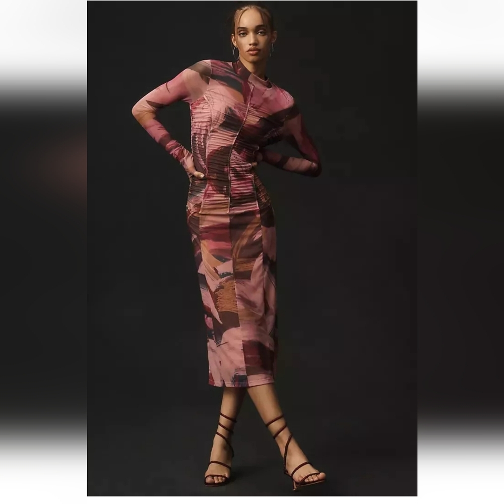 Anthropologie Pink XS Printed Ruched Midi Dress